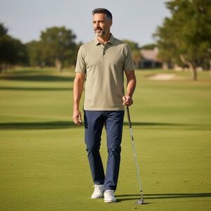 Linksoul Mens XL Polo Shirt Tempus Fugit Dri Loft Beige Cotton Stretch Outdoor